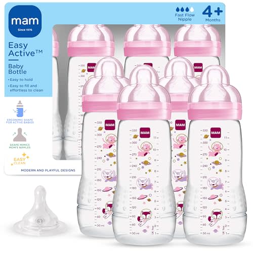 MAM 11oz Active Natural Flow Active Anti-Colic Baby Bottle, 4+ Mths, 4 Pack | BPA Free, Fast Flow Skin Soft Anti-Colic Silicone Nipple, Anti-Slip Grip, Leak-Proof, Made In Europe, Pink