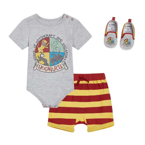 Harry Potter Slytherin Ravenclaw Hufflepuff Bodysuit, Shorts and Shoes 3 Piece Outfit Set Logo Newborn to Infant