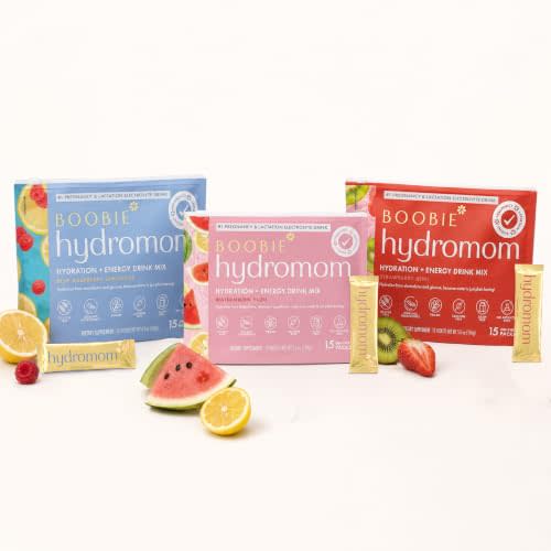 Boobie Hydromom Superfood Electrolyte Drink Mix - Watermelon Yuzu + Strawberry Kiwi + Blue Raspberry Lemonade Variety Pack | Refreshing Energy Hydration Boost | Safe for Pregnancy, Lactation, & Beyond