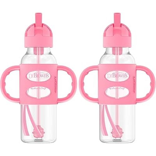 Dr. Brown's Milestones Narrow Sippy Straw Bottle, Spill-Proof with 100% Silicone Handles and Weighted Straw, 8 oz/250 mL, Pink, 6m+ (Pack of 2)