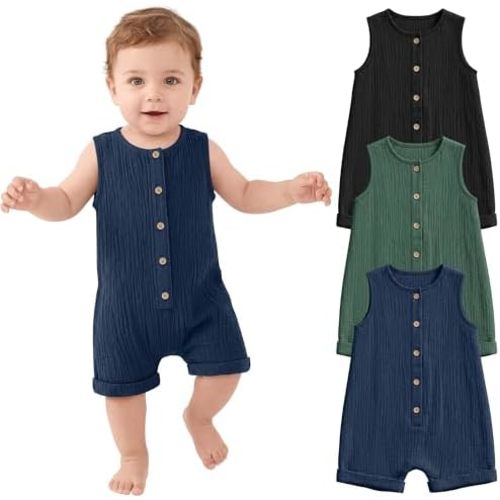 Halfchet 3 Pack Baby Boys Jumpsuit Cotton Newborn Romper Sleeveless Button Infant Playsuit Summer Outfit Clothes 0-24M
