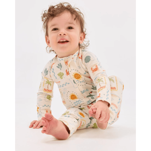 Baby Organic Cotton Zip Front Footless Coverall - Cream Vacation