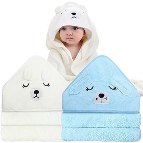 2 Pack Hooded Baby Towel - Premium Soft Bath Towel for Bathtub for Babie, Newborn, Infant - Ultra Absorbent, Natural Baby Stuff Towel for Boy and Girl (White & Blue)