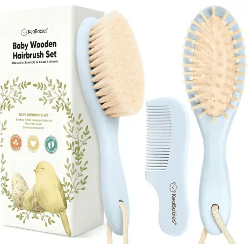 Baby Hair Brush Set for Newborns - Soft Goat Bristle Wooden Baby Brush and Comb Set Newborn Grooming Kit for Cradle Cap, Durable & Gentle, Boy, Girl Infant Essentials Care Kit (Oval, Frost)