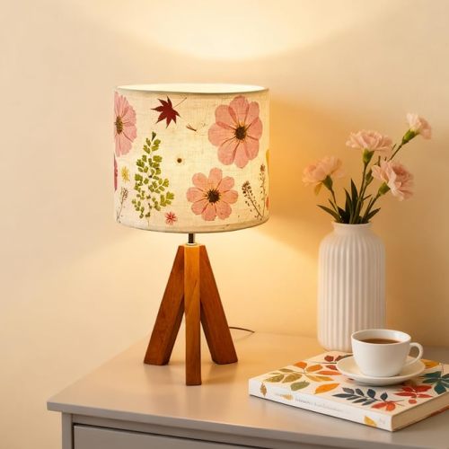 Dried Flowers Tripod Table Lamp 14.56in, 9W LED 3-Color Cute Bedside Lamp with Flowers Linen Lampshade for Nursery, Bedroom, Kid Room, Living Room, Light Brown Wooden Base