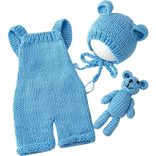 Vemonllas Newborn Photography Props Boys Girls Outfits Baby Photo Props Knit Bear Hat Romper Photoshoot Costume Set