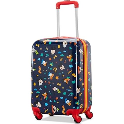 American Tourister Mickey Mouse Carry-On Luggage - Airline Approved, Durable Hardshell with Micky, Donald Duck, Pluto & Goofy - Roll Confidentially with Spinner Wheels & Colorful Adjustable Handle