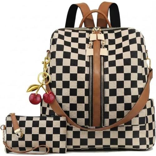 Lushandy Checkered Backpack Purse for Women, Brown Canvas Backpack Purse with Wallet Cherry Mom Everyday Backpacks for Work