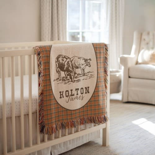 Personalized Cowboy Woven Baby Blanket, Western Cowboy Boys Blanket, Heirloom Blanket, Newborn Name Blanket, Baby Name Blanket, Woven Throw
