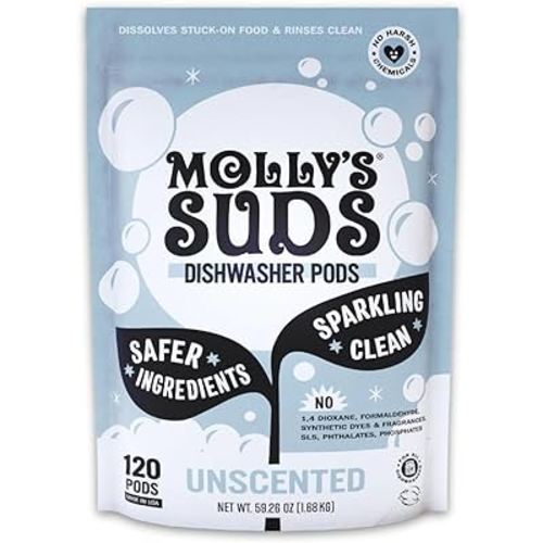 Molly's Suds Dishwasher Pods | Clean Dishwasher Detergent, Cuts Grease & Rinses Clean (Residue-Free) for Sparkling Dishes | 120 Auto-Release Tabs (Unscented)
