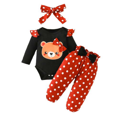RMGVDSD Toddler Girl Clothes 2Pcs Baby Girls Outfit Long Sleeve Cartoon Romper Bodysuit Dot Prints Pants With Headband 3Pcs Outfits Fall Clothing 3-6 Months