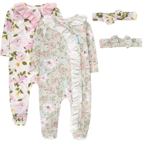 Baby Essentials Baby Girl Sleepers,4 Piece Outfit Set, Romper Footies and Headband – All Season Baby Clothes Gift Set