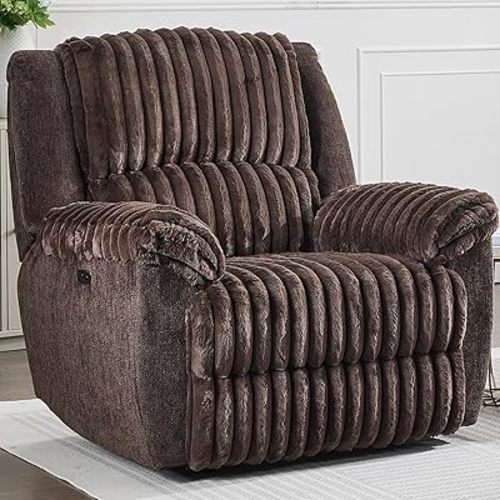 Oversized Power Recliner Chair, Extra Large Recliner Chairs for Adults, Faux Fur Electric Recliner for Living Room, Includes USB Port,Lumbar Support, 26" Seat Width,Brown