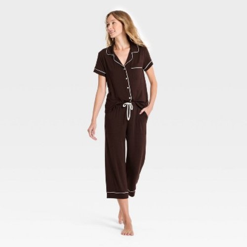 Women's Cloud Knit Short Sleeve Notch Collar Top and Cropped Pants Pajama Set - Auden™ Brown M