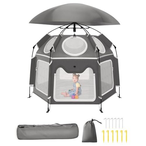 Pop-Up Portable Baby Playpen with UV Canopy, Waterproof Outdoor & Indoor Play Tent, Breathable Mesh Sides, Quick Setup Folding Baby Play Yard with Carry Bag & Stakes 59"