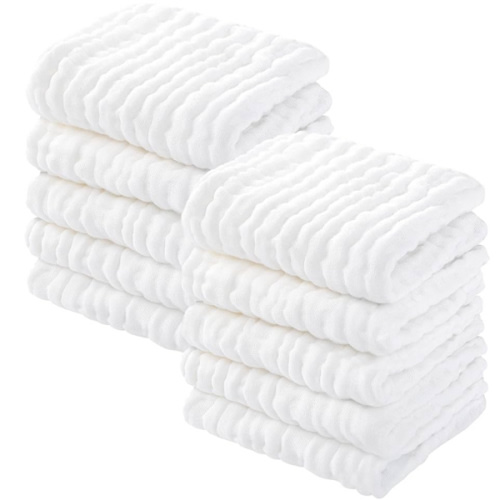 Yoofoss Muslin Baby Washcloths 100% Organic Cotton Face Towels 10 Pack Wash Cloths for Baby 12x12in Soft and Absorbent Baby Wipes (White)