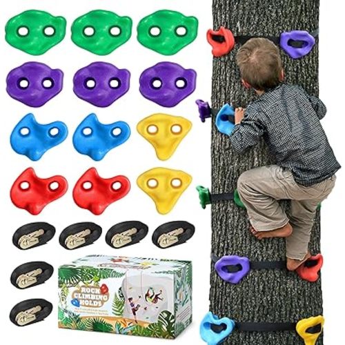 12 Ninja Tree Climbing Holds for Kids Climber, Adult Climbing Rocks with 6 Ratchet Straps for Outdoor Ninja Warrior Obstacle Course Training