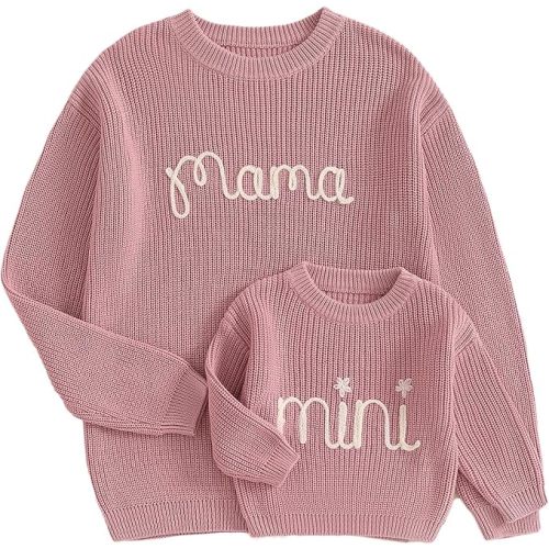 Mommy and Me Sweater Matching Family Outfit Long Sleeve Knit Sweater Pullover Mom and Baby Clothes (Baby, 3-6 Months, Pink)
