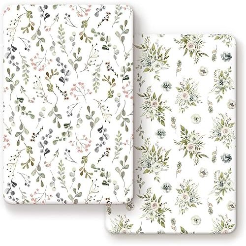 GRSSDER Stretchy Ultra Soft Jersey Knit Fitted Pack n Play Sheets Set 2 Pack, Portable Pack and Play/Mini Cribs Sheets for Girls,Stylish Watercolor Rose and Flora