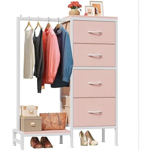 Dresser with Hanging Rack, 4 Drawers Small Closet for Bedroom, Reversible Fabric Chest of Drawers with Clothes Rack, Tall Storage Tower, Sturdy Frame, Pink, 44''H