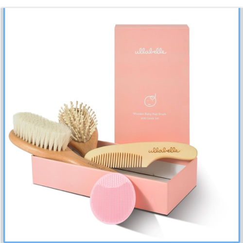 4 Piece Wooden Baby Hair Brush and Comb Set for Newborns & Toddlers in Chic Gift Box - Ultra Soft Natural Goat Hair and Wood Baby Brush Set Prevents Cradle Cap - Perfect Registry Gift (Pink)