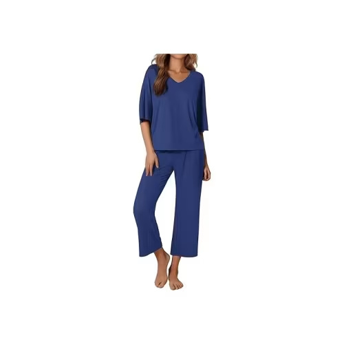 Ekouaer Lounge Sets for Women Comfy Pajamas Set 2 Piece Outfits Short Sleeve Tops and Wide Leg Pants with Large Pockets Navy XXL
