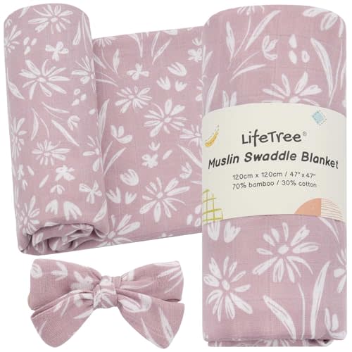 LifeTree Baby Swaddle Blanket and Bow Set, Mauve Floral Muslin Newborn Swaddle Set with Matching Headband Bow, Infant Receiving Blanket Wrap, 47 x 47 inches, 70% Viscose from Bamboo and 30% Cotton