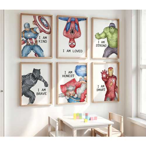 Superheroes Affirmation Prints for Kids – Printed or Framed, Set of 6