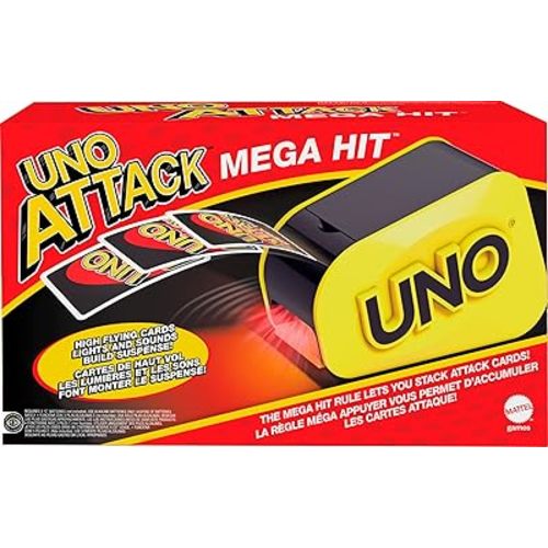 Mattel Games UNO Attack Mega Hit Card Game with Random-Action Launcher with Lights & Sounds & 112 Cards, Kid, Teen & Adult Game Night Gift Ages 7 Years & Older (Amazon Exclusive)