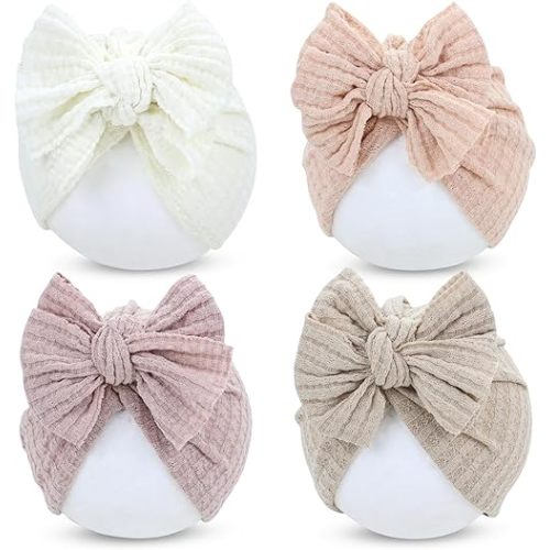 Cinaci 4 Pieces Baby Girls Turban Hats with Bow Newborn Hospital Caps Bonnets Beanies Headwraps for Infants Toddlers