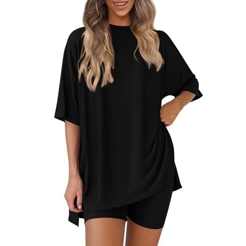 PRETTYGARDEN Women 2 Piece Lounge Set 2026 Summer Casual Oversized Shirts Biker Shorts Matching Airport Travel Outfit Clothes