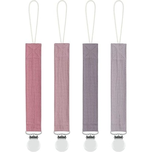 MoodyBaby® Soft Organic Muslin Cotton Frabric Soother Clips - Handmade Cotton Pacifier Dummy Clip Chain for Babies Newborns Girls Boys - Strong Mam Soother Neutral Unisex Shower Gift - 4 Pack (Pink Purple)