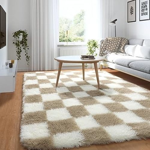 KICMOR 3x5 Rugs for Bedroom Bedside, Soft Fluffy Checkered Shag Area Rug Small Living Room Carpet, Beige and Cream White Fuzzy Shaggy Throw Rug for Kids Boys Girls Dorm Nursery Home Decor Aesthetic