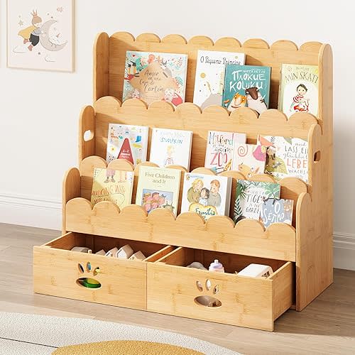 ELYKEN Kids Bookshelf, 3-Tier Bamboo Book Shelf for Kids Rooms, Toddler Bookshelf for Nursery, Montessori Bookcase for Baby, Scalloped Bookshelves for Classroom, Playroom, Natural