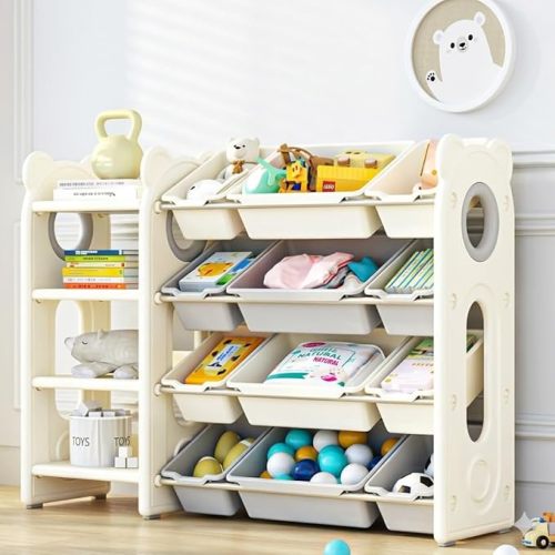 Kids Toy Storage Organizer with Bookshelf & Cabinet - 3-in-1 Baby Room Organizers And Storage with 12 Bins, Kids Furniture for Playroom, Bedroom, Nursery (Grey, 48.8” Wide)