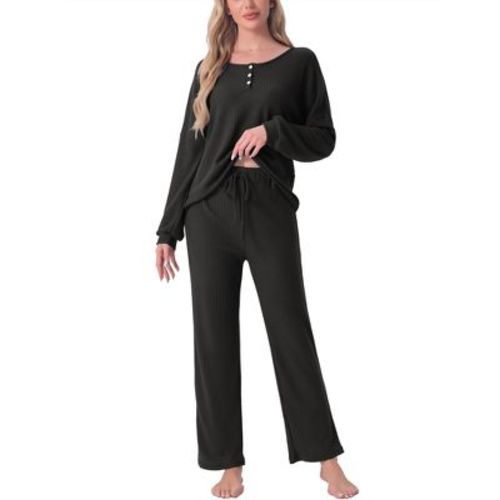 cheibear Women's Waffle Knit Lounge Sweatsuit Sets Long Sleeve Shirt and Pants Pajama Set