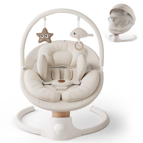 Baby Swings for Infants, FasonBaby Electric Baby Swing with Music Speaker, 5 Speeds, Remote Control and Bluetooth - Portable Infant Swing for Indoor and Outdoor (Beige)
