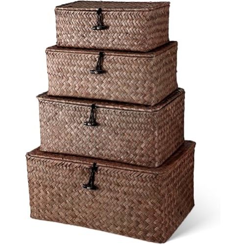 Woanger Set of 4 Wicker Baskets with Lids, Nautral Seagrass Storage Baskets, Woven Rectangular Basket Bins, Rattan Storage Organizer for Shelf Closet Bedroom(Coffee)