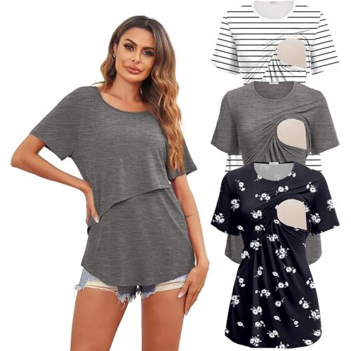 Ekouaer Women's Maternity Shirts Short Sleeves Nursing Tops 3 Pack Double Laye Breastfeeding Tees Pregnancy Clothes S-XXL