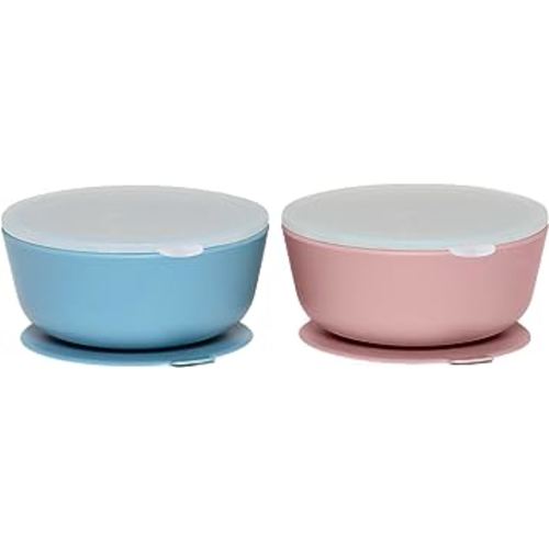 WeeSprout Suction Bowls for Baby & Toddlers (Set of 2) - 100% Silicone w/Plastic Lid - Leak Proof Feeding Supplies - Dishwasher & Microwave Safe Infant Dinnerware w/Extra Strong Base