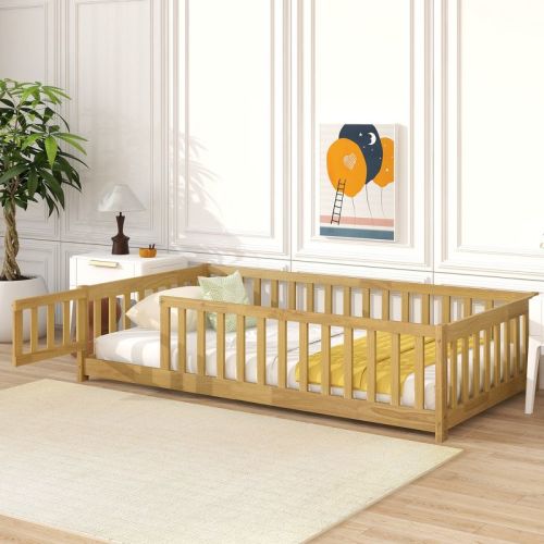 Twin/Full Size Floor Bed with Safety Fence and Door, Rubber Wood Bed Frame for Kids - ModernLuxe