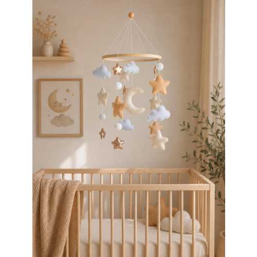 Neutral Felt Stars Clouds Baby Mobile, Boho Nursery Decor, Baby Shower Gift