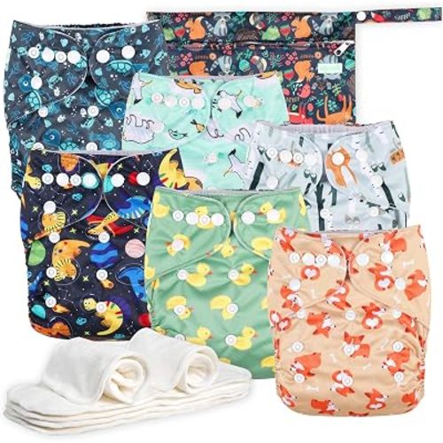 Wegreeco Cloth Diapers 6 Pack with Inserts & Wet Bag, Washable Reusable Diapers for Babies, One Size Adjustable (Yellow Ducks)