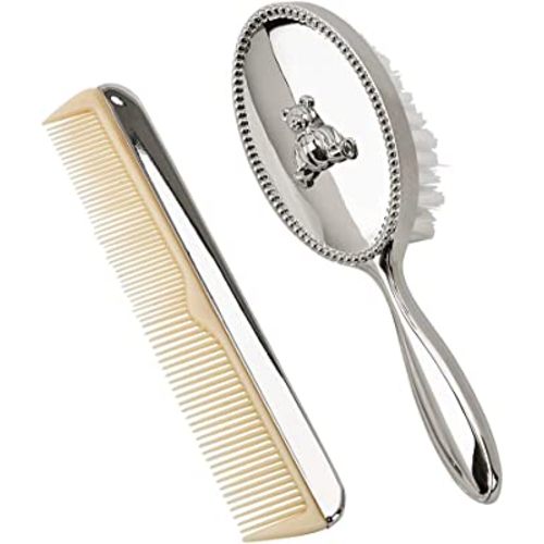 Teddy Bear Silver Tone 6 inch Nickel Plated Metal Brush and Comb Kit Set