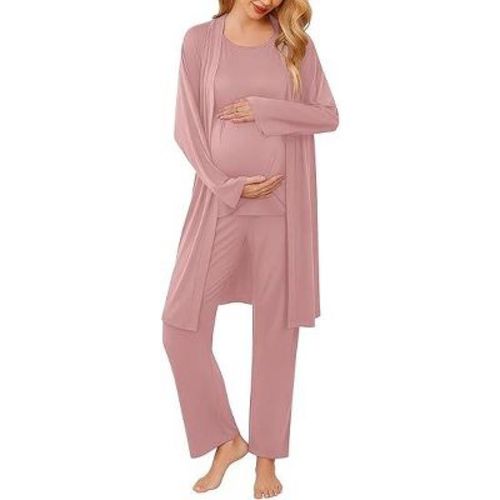 Ekouaer Maternity Nursing Robe Set 3 Pieces Sleeveless Top, Pregnancy Pants & Robe Double Layer Pajamas S-XXL Dirty Rose S