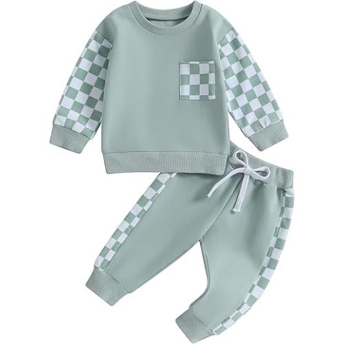 Toddler Baby Boy Fall Outfit Checkerboard Patchwork Long Sleeve Sweatshirts Elastic Waist Pants Cute Newborn Clothes Set