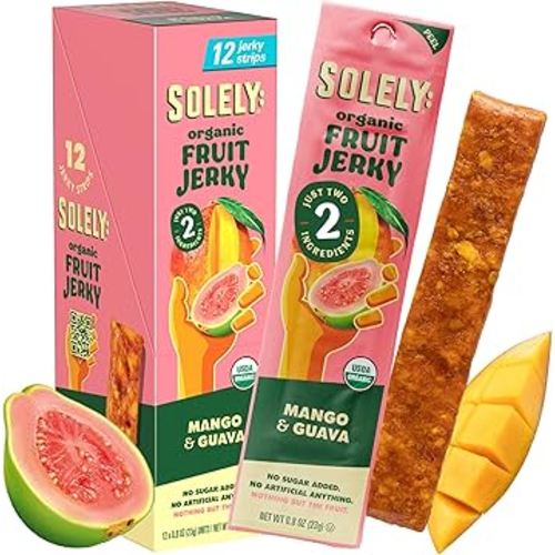 SOLELY - Organic Mango Guava Fruit Jerky - 12 Individually Wrapped Strips (12-Pack) - Fruit Leather Made from Dried Fruit - Healthy Snacks for Adults & Kids - Non GMO, Vegan Snacks - 0.8oz (23g)