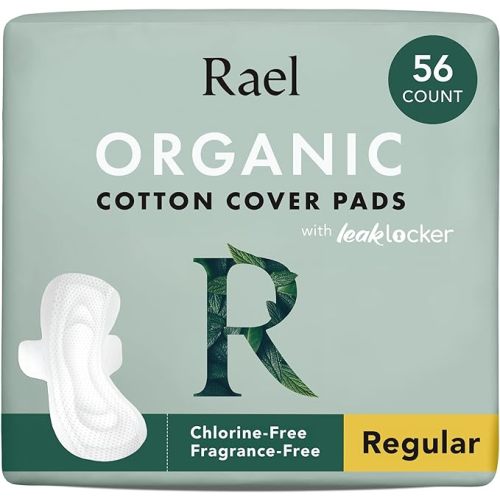 Rael Pads for Women, Organic Cotton Cover - Moderate Absorbency, Feminine Care, Ultra Thin, Sanitary Napkins with Wings, Unscented (Regular, 56 Total)