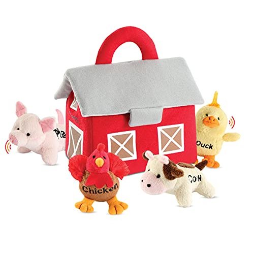 Bundaloo Plush Farm Animal Toys with Realistic Sounds - Plushie Play Set with Barn Carrier