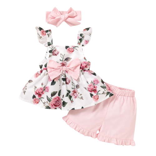 12 Months Baby Girls Clothes 18 Months Toddler Girls Summer Outfits Sleeveless Suspender Floral Top Pink Shorts Headband 3PCS Set